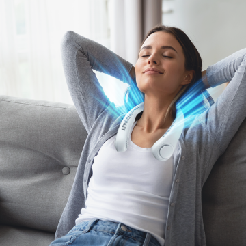 Enjoying FluxoFan's cool airflow, hands free